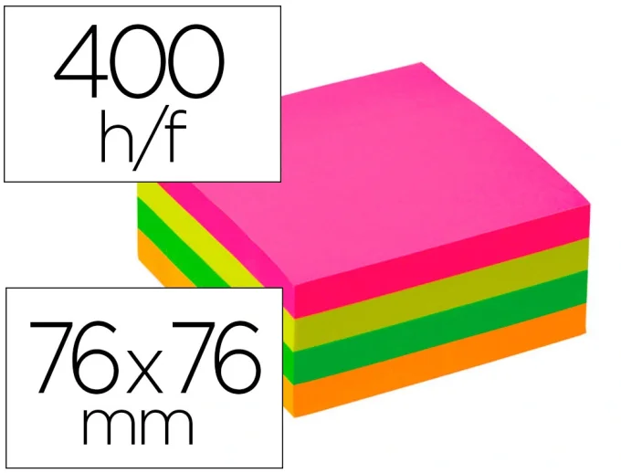 Bloc-notes q-connect cube quick notes 76x76mm 400f repositionnables sans traces coloris neon.