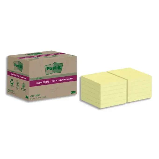 Bloc-notes post-it super sticky 12 blocs 76x76 mm jaune pastel. 100% recyclées