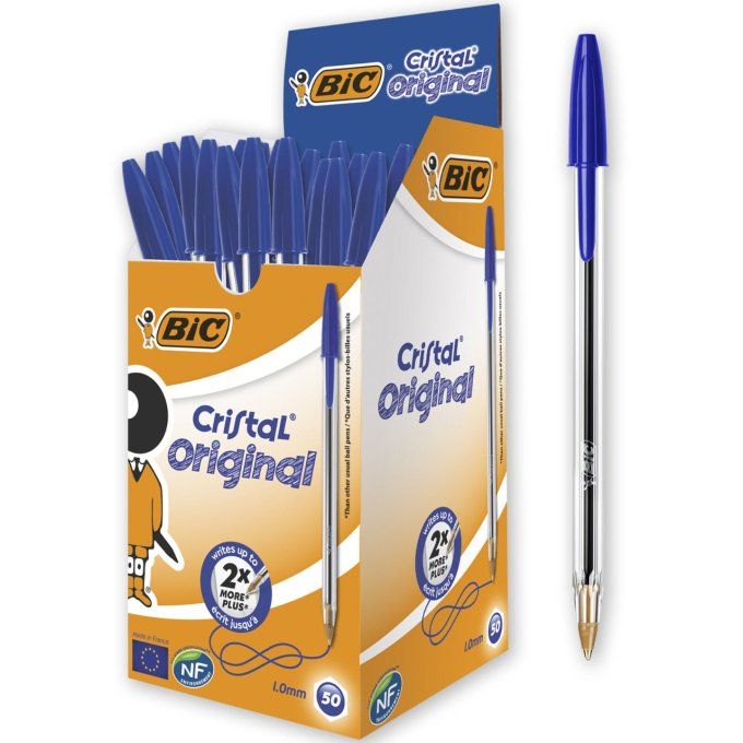 Stylo-bille BIC cristal écriture moyenne 0.5mm encre classique bille indéformable capuchon . 50 U