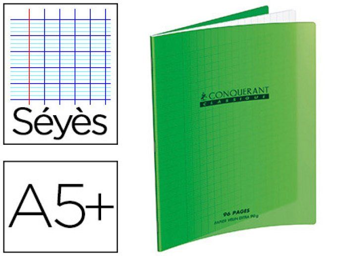  Cahier CONQUERANT Polypropylène Format A5+ 170x220 Grands carreaux 96 Pages