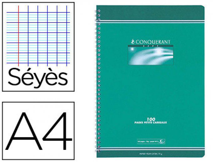 Cahier conquérant sept reliure spirales couverture offset a4 21x29,7cm 100 pages 70g séyès.