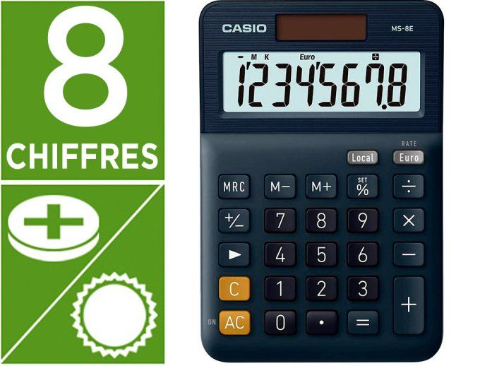 Calculatrice casio bureau ms8e grand écran 8 chiffres euro convertisseur mémoire solaire/pile