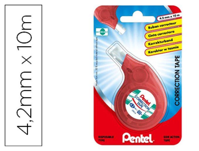 Correcteur pentel compact ruban 4.2mmx10m application latérale niveau bande de correction visible.