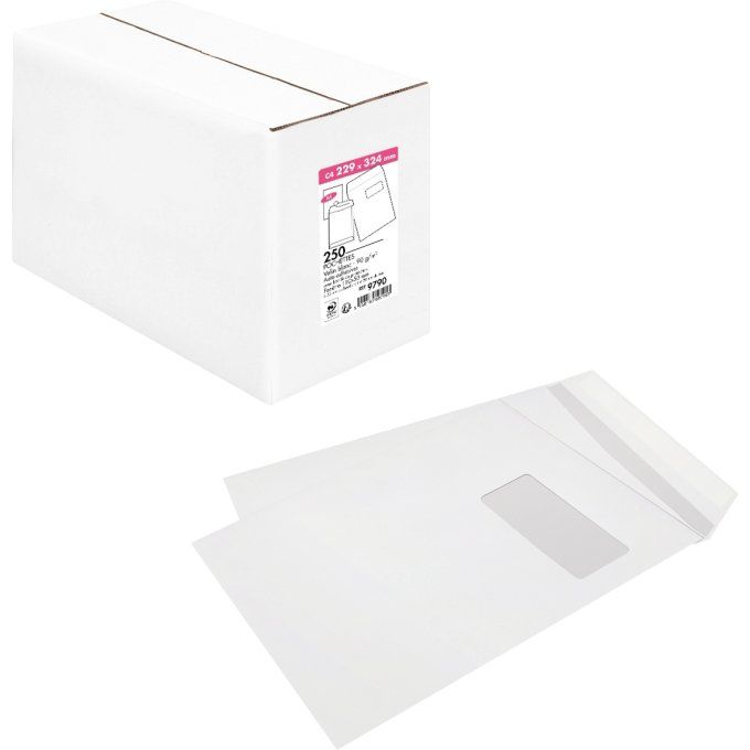 Boîte de 250 pochettes blanches C4 229x324 90g/m² fenêtre 50x110 bande de protection. LA COURONNE