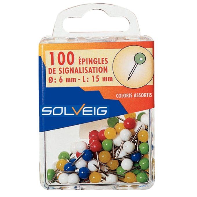 Boite de 100 épingles de signalisation tête ronde D 6mm assortis