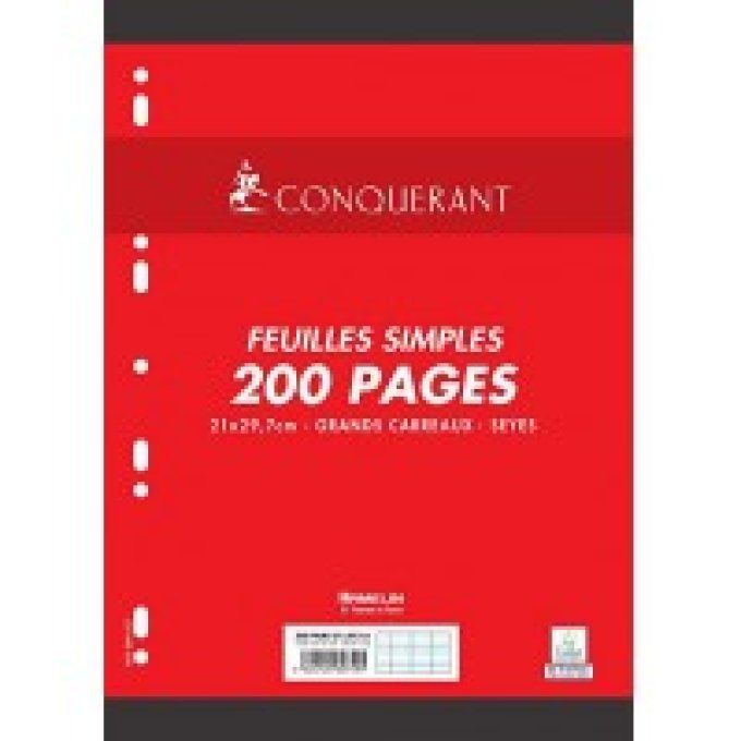 Feuillet mobile conquérant sept a4 210x297mm 200 pages 90g séyès perforé coloris blanc.