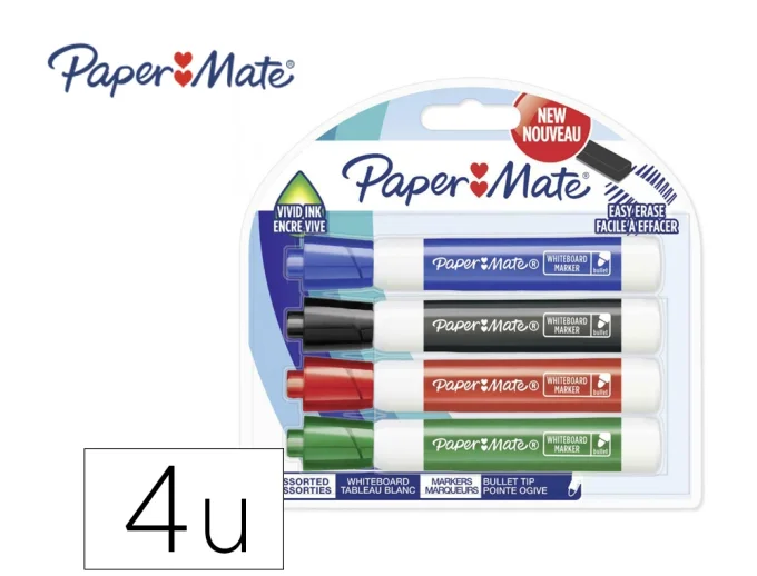 Marqueur paper mate effaçable tableau blanc pointe ogive coloris assortis standard blister 4 unites.