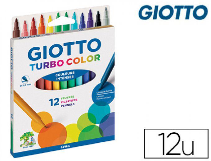 Feutre coloriage GIOTTO turbo color ultra longue durée pointe bloquée polyester indéformable étui 12