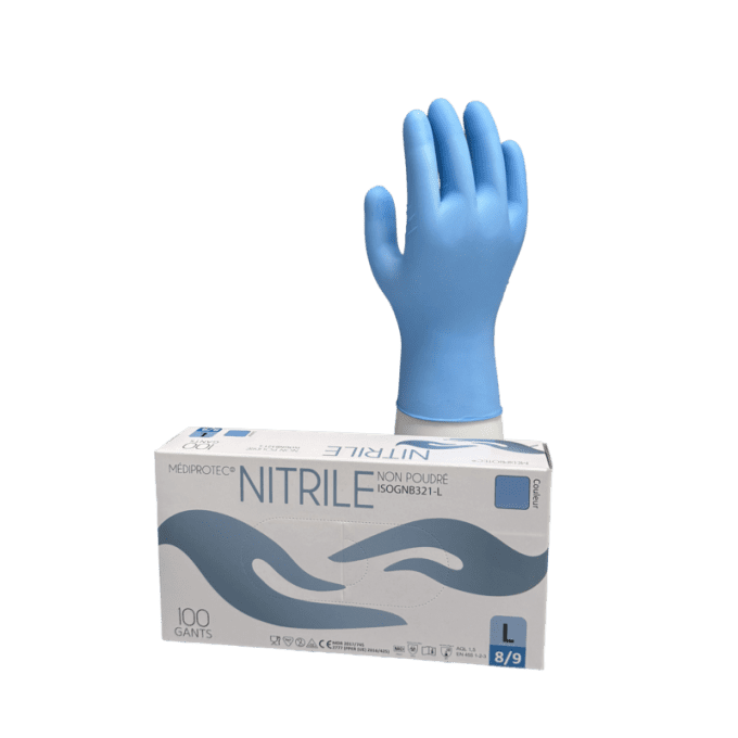 Gant nitrile bleu non poudré. Boite de 100.