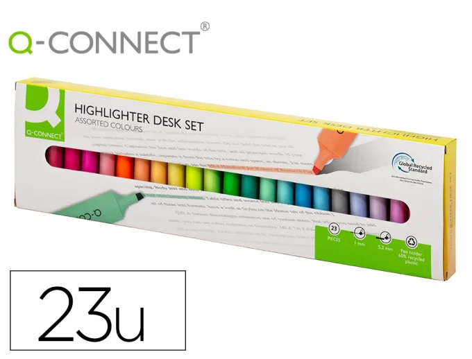 Surligneur q-connect fluorescent pointe biseautee etui de bureau 23 unites coloris assortis.