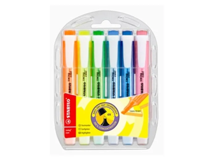 6 Surligneurs STABILO  swing cool modèle de poche avec agrafe tracé 1/3mm encre liquide pigmentée 