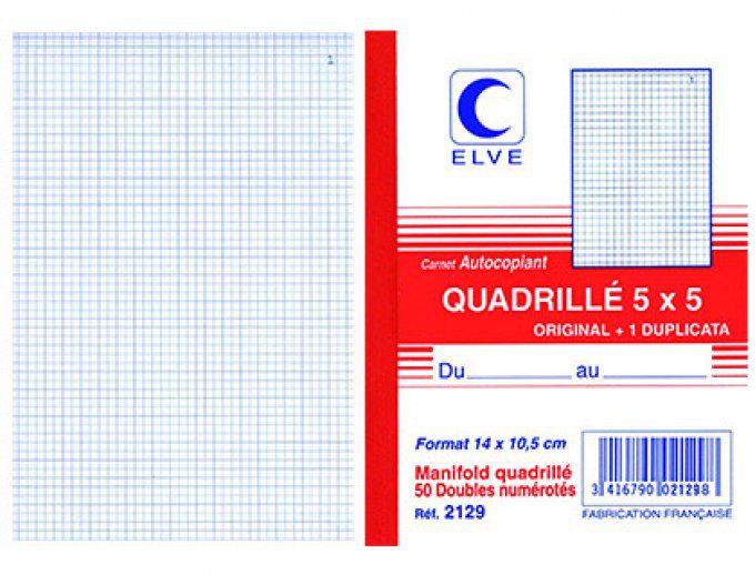  ELVE Manifold autocopiant elve 105x148mm quadrillé 5x5 foliotage 50 duplis.