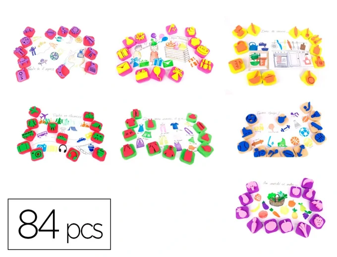 Maxi pack de 84 mini tampons sodertex 7 themes assortis.
