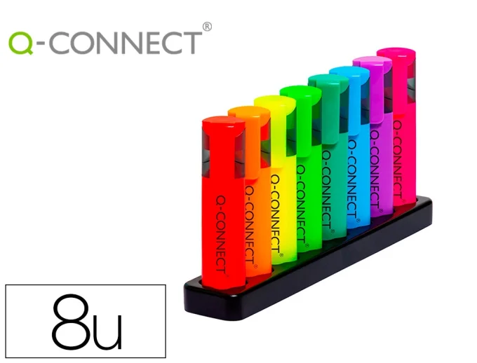 Surligneur q-connect fluorescent neon pointe biseautee etui de bureau 8 coloris assortis.