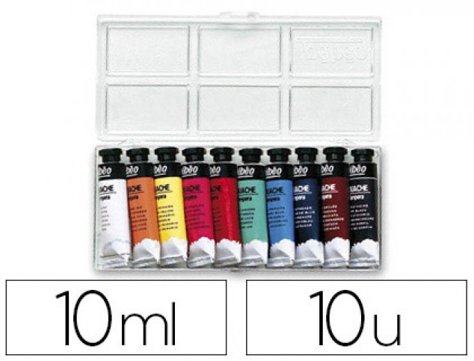 Gouache PEBEO couleurs lumineuses fort pouvoir couvrant coloris assortis boîte 10 tubes 10ml.