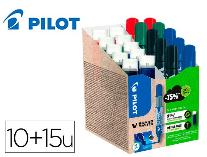 Pack pilot v-board master 10 marqueurs effaçables a sec pointe conique moyenne 10 recharges 5 offert