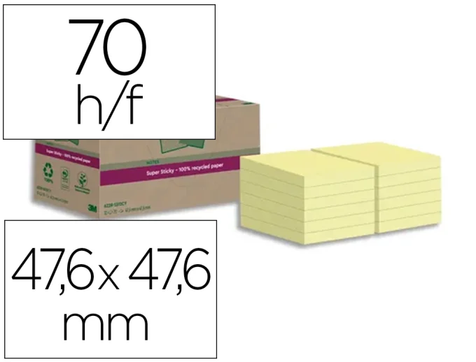 Lot de 12 post-it super sticky 100% recycles 47,6x47,6mm 70f repositionnables coloris.