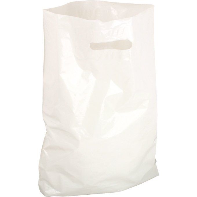 Paquet de 100 sacs plastique blanc 50x50x5cm. 50 microns. Poignées découpées renforcées.