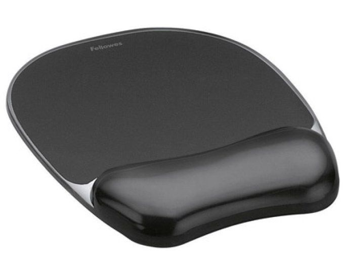 Tapis souris fellowes repose-poignet gamme gel noir grand confort facilement nettoyable.